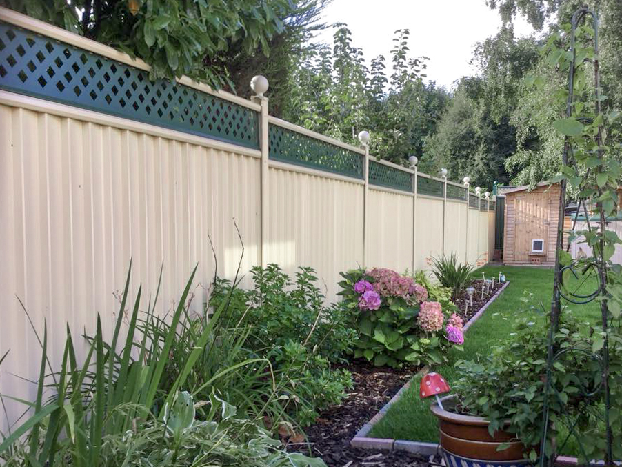 Cream ColourFence with blue trellis on a lawn and border setting