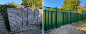 before and after wooden fence and replacement metal fence 